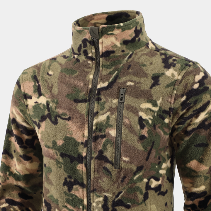 Close-up of the stand collar zipped shut and the vertical zip chest pocket