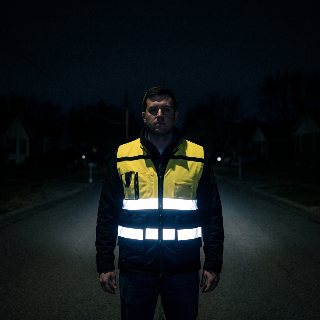 The reflective tape returning headlight on a dark street
