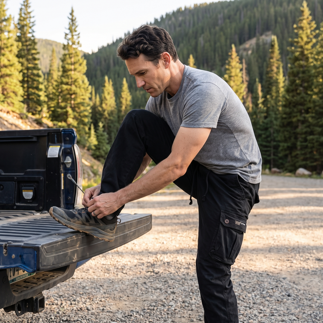 Man in black cargo pants tying a trail shoe on a pickup tailgate at a Colorado trailhead