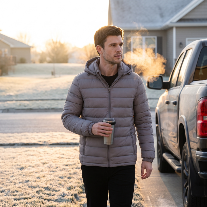 Man in a Gray puffer jacket on a frosted driveway at dawn