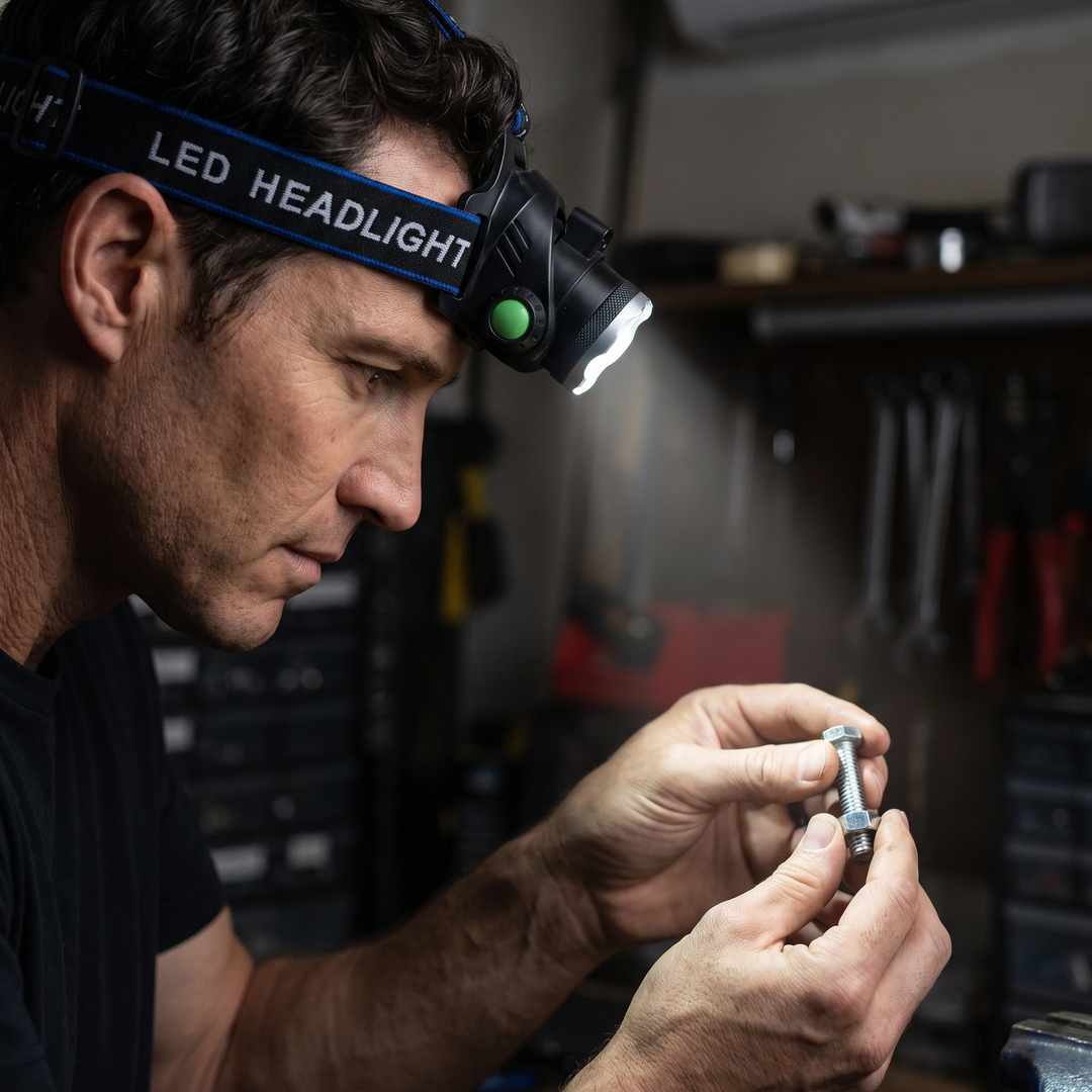 Man wearing the headlamp with the lamp head tilted down onto his hands