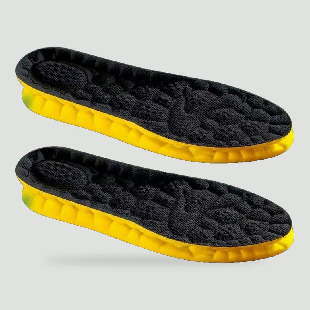 Cushioned shoe insoles in Black with yellow cushioned base, one pair