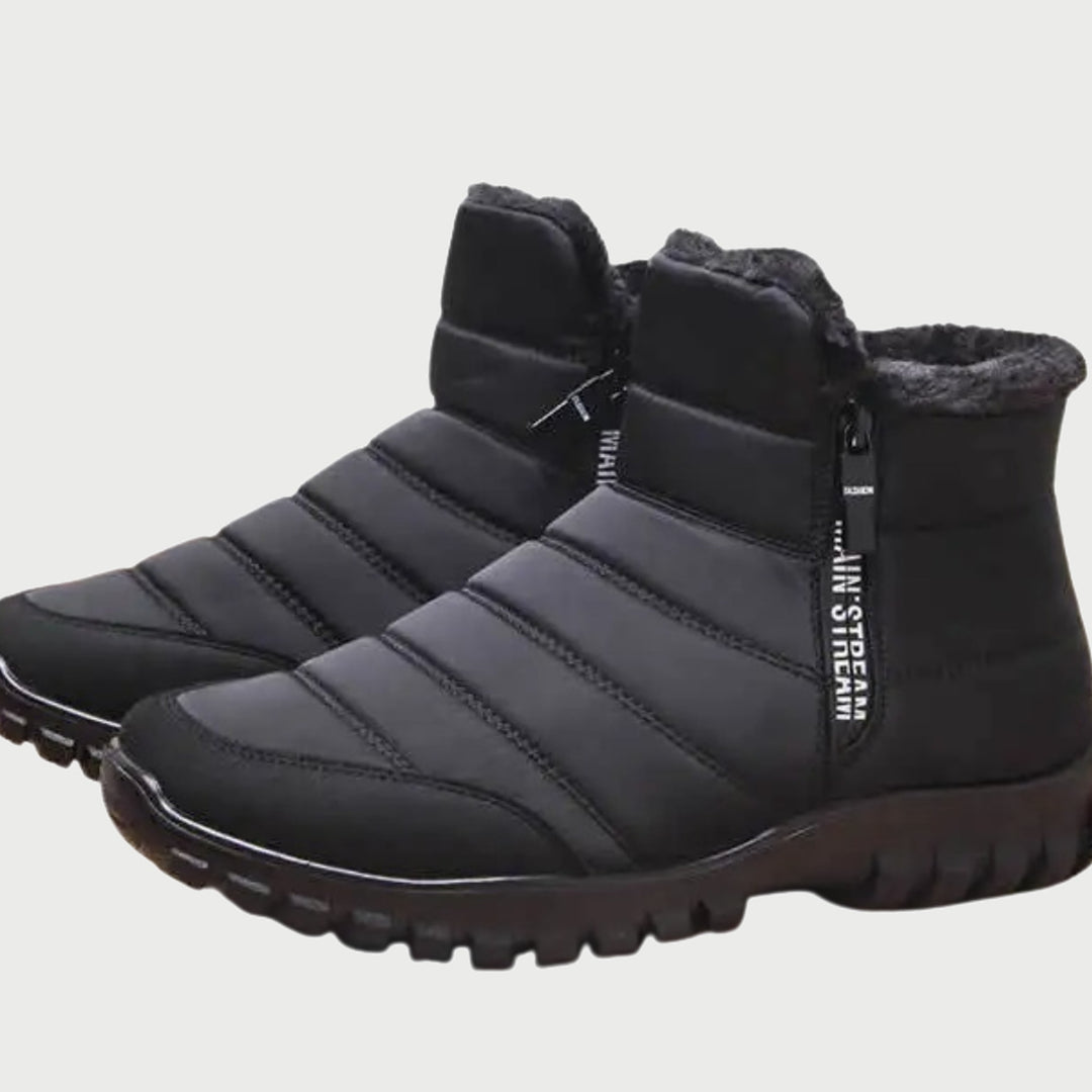 Men's winter boots in black with faux fur collar and side zip