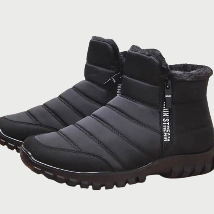 Men's winter boots in black with faux fur collar and side zip