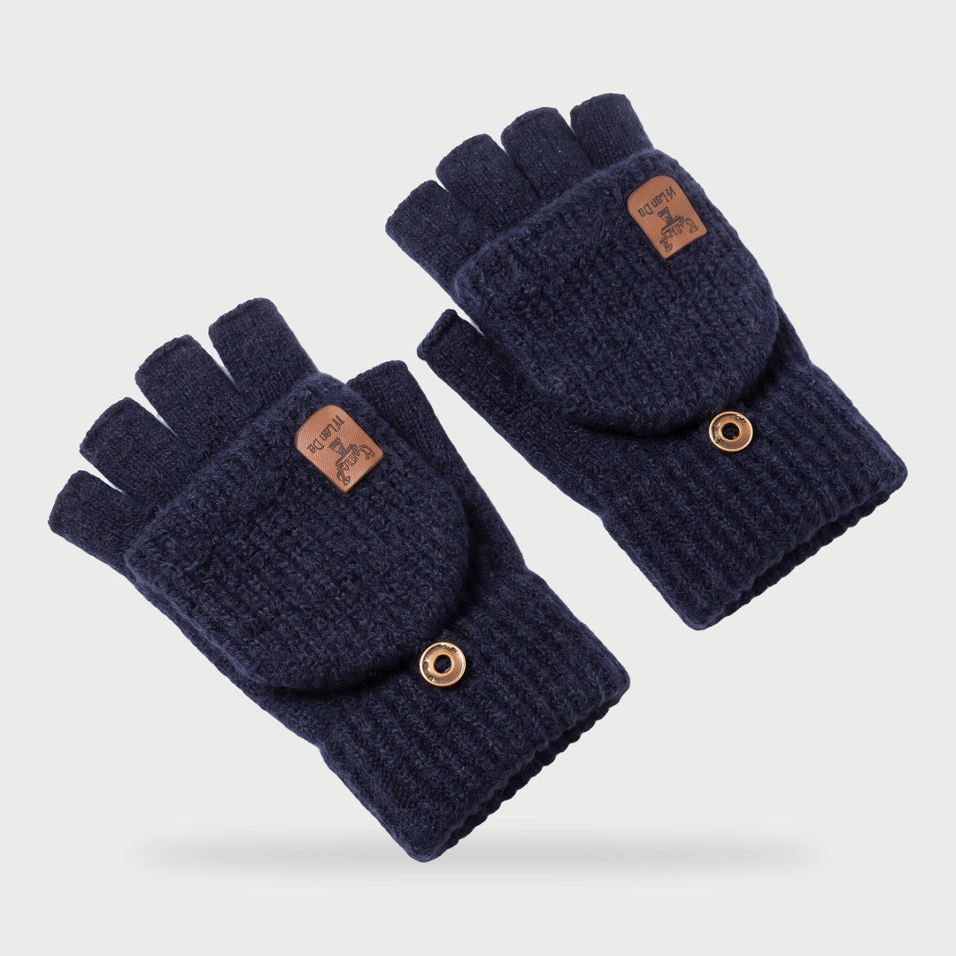 Cashmere fingerless gloves with fold back flap in Navy