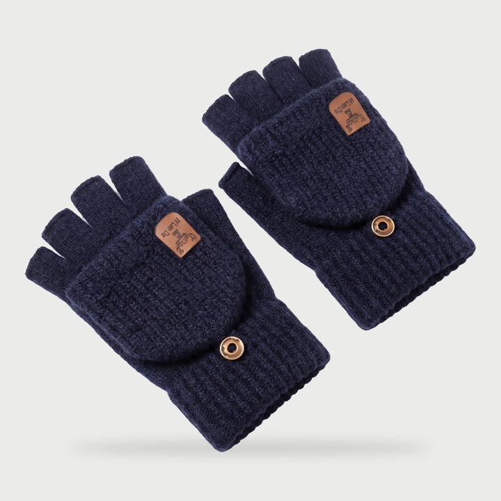 Cashmere fingerless gloves with fold back flap in Navy