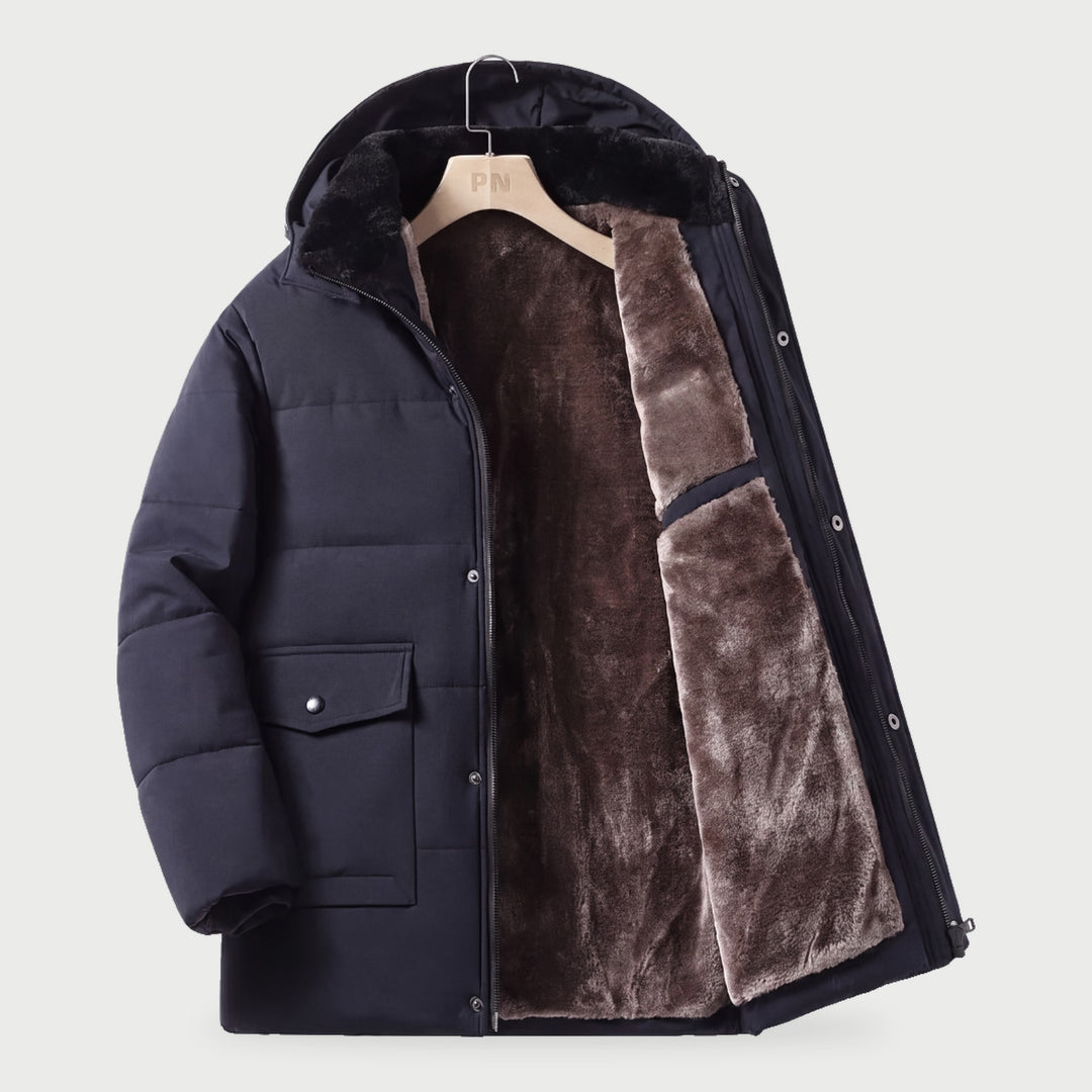 Men's winter jacket in navy opened to show the plush velvet lining