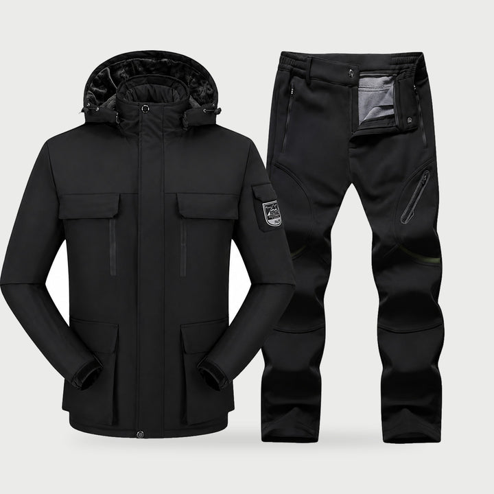 Men's ski suit with black ski jacket and black ski pants