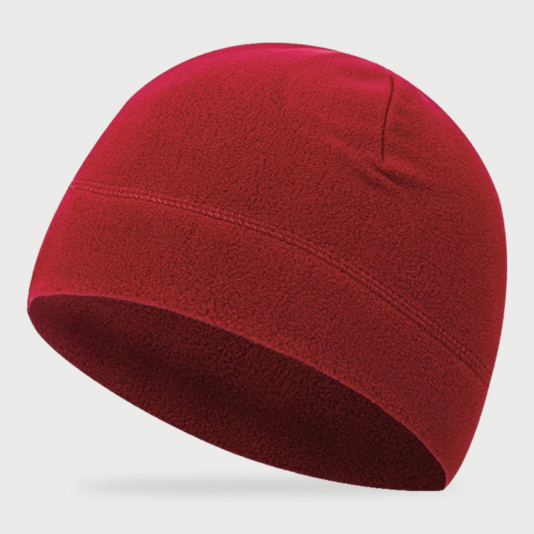 Red fleece watch cap with a plain edge