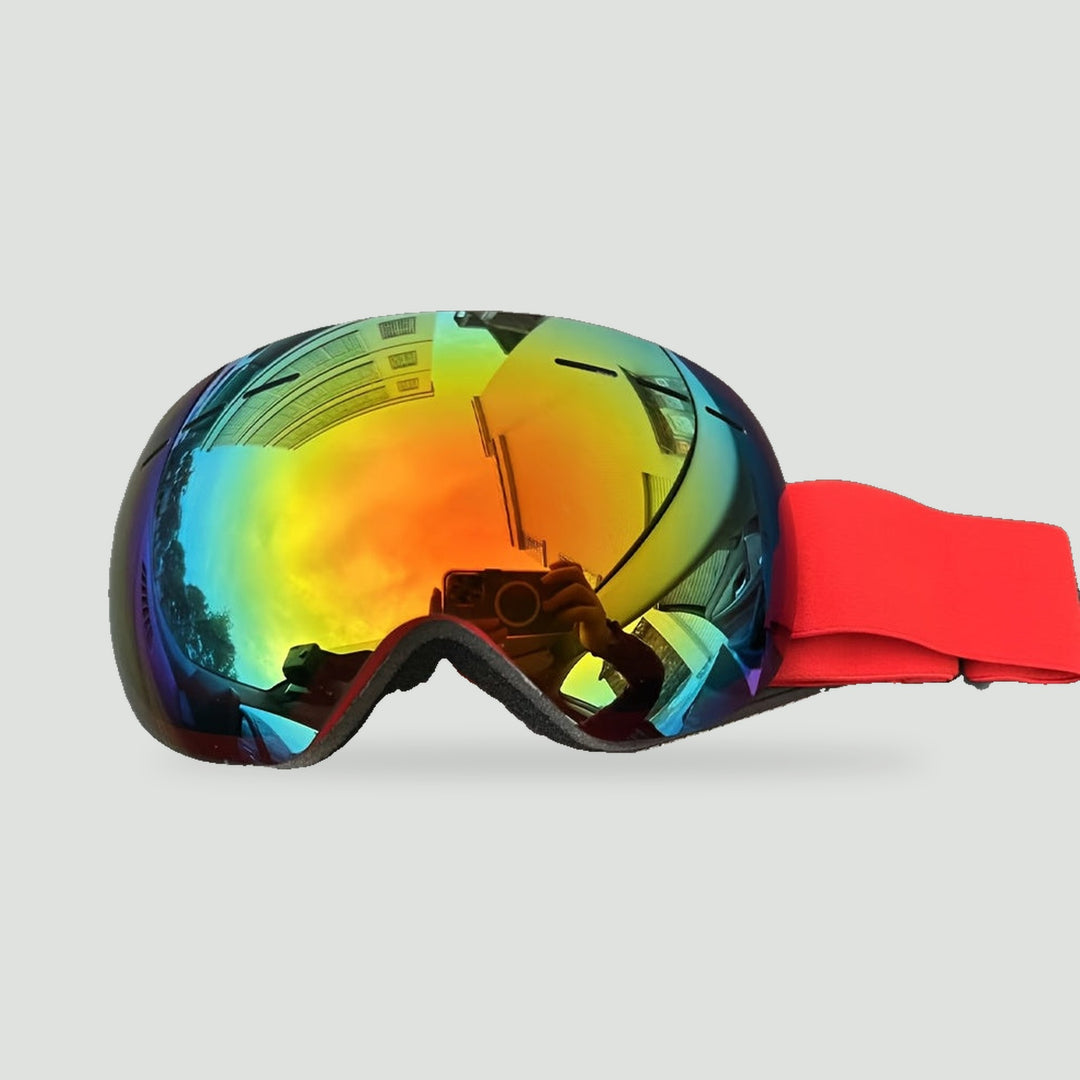 Ski goggles with red strap and orange mirrored lens