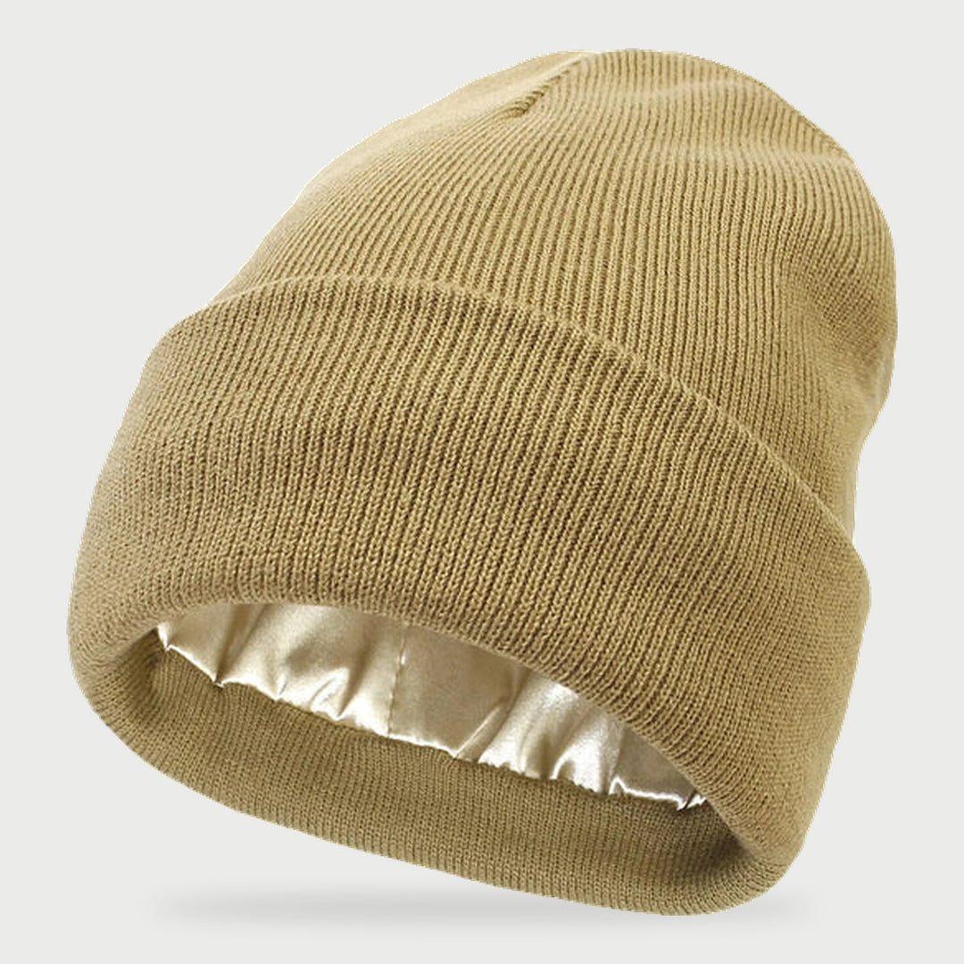 Satin lined beanie in Khaki