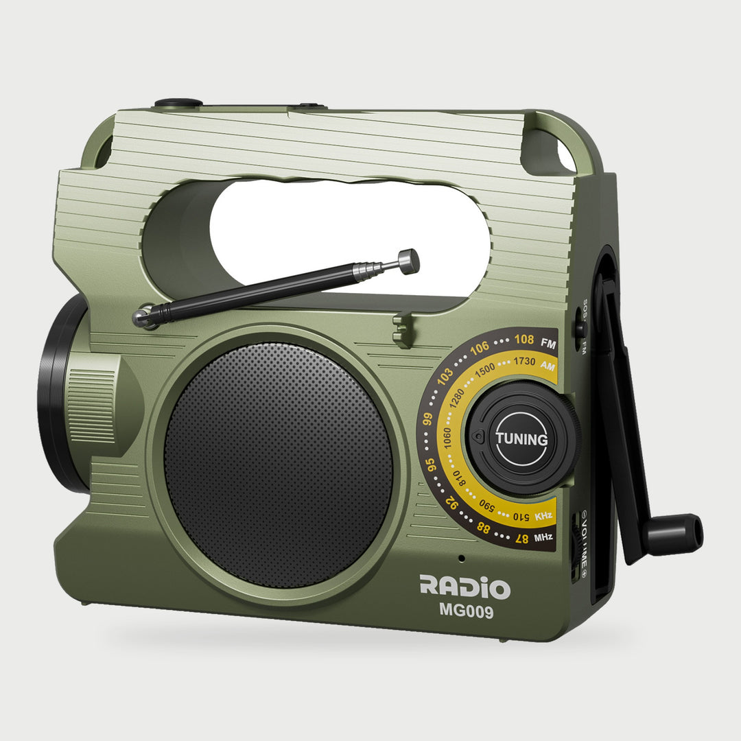Army green solar radio with hand crank, round speaker, tuning dial, spotlight and carry handle