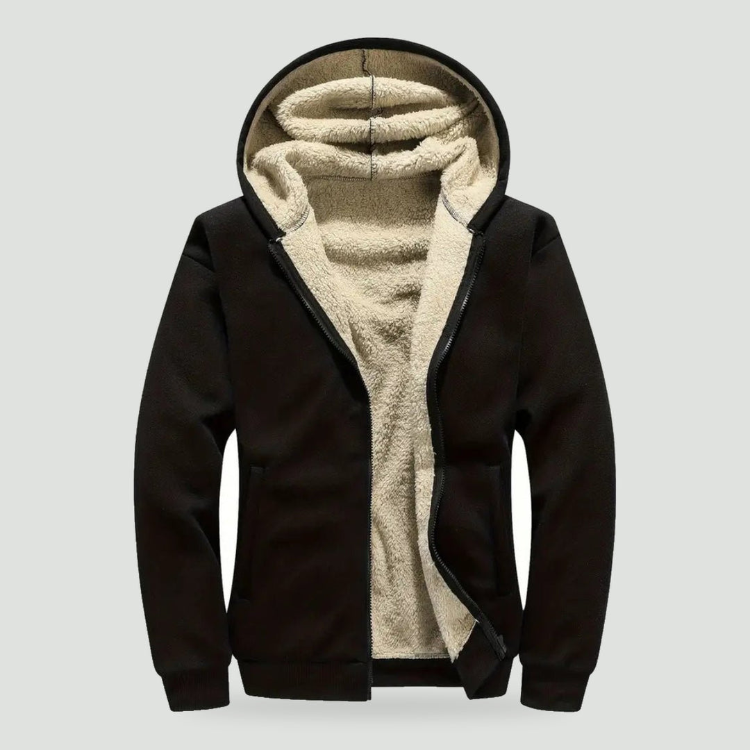 Men's sherpa hoodie in Black, open front showing the sherpa lining