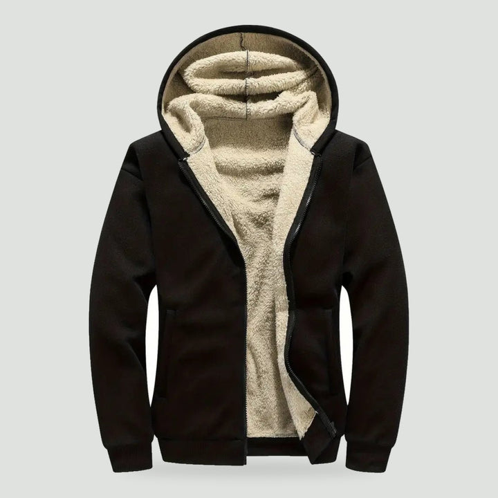 Men's sherpa hoodie in Black, open front showing the sherpa lining