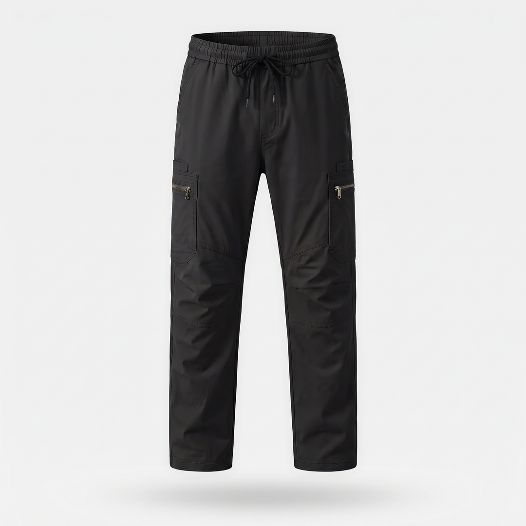 Men's elastic waist cargo pants in Black, front view