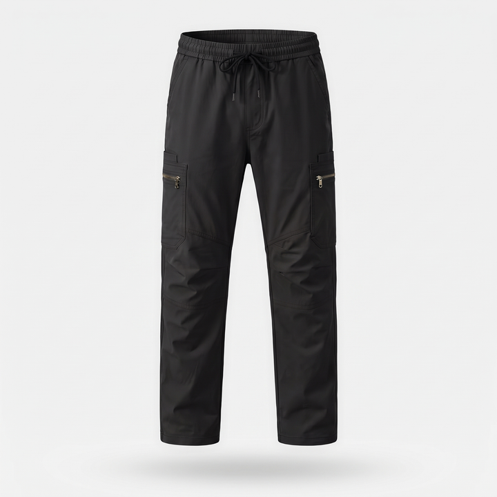 Men's elastic waist cargo pants in Black, front view