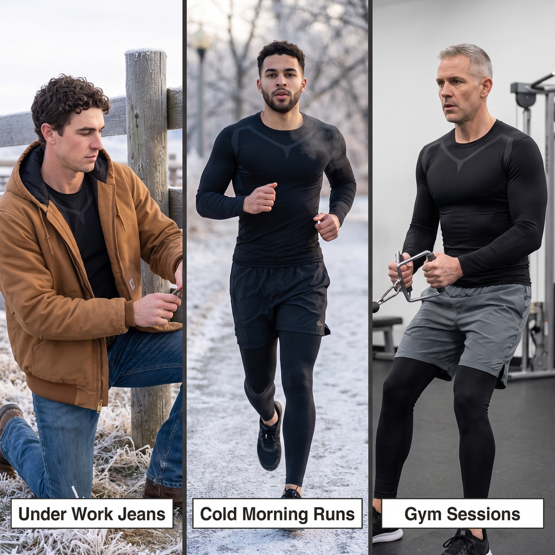 The base layer set under work jeans, on a cold morning run and at the gym
