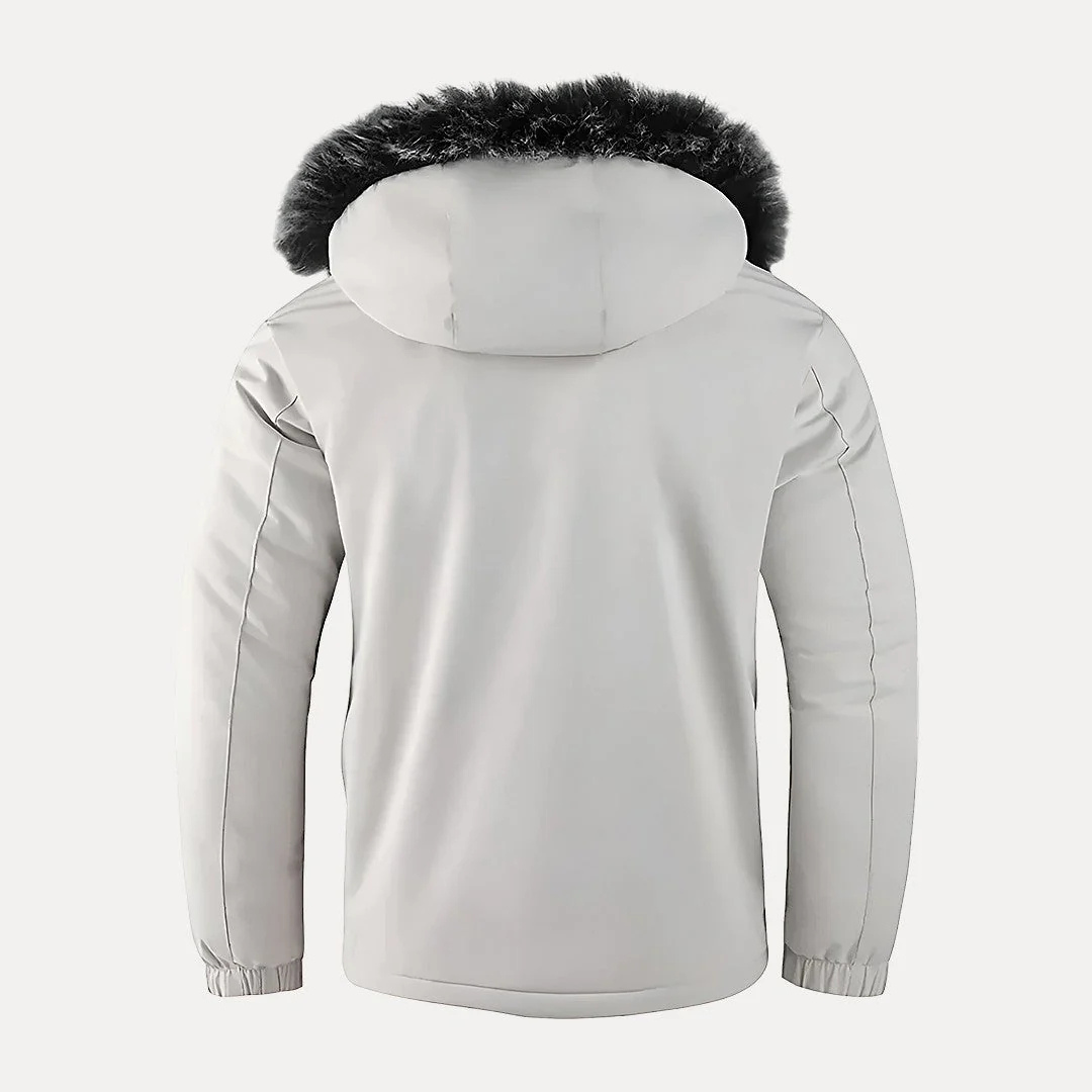 Back view of the white men's parka with faux fur hood