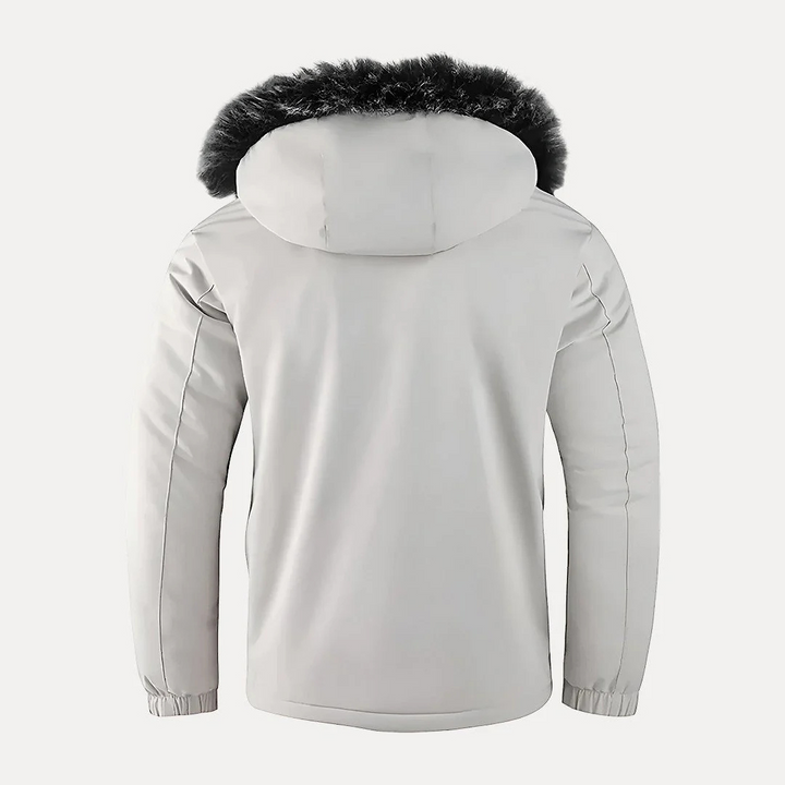Back view of the white men's parka with faux fur hood