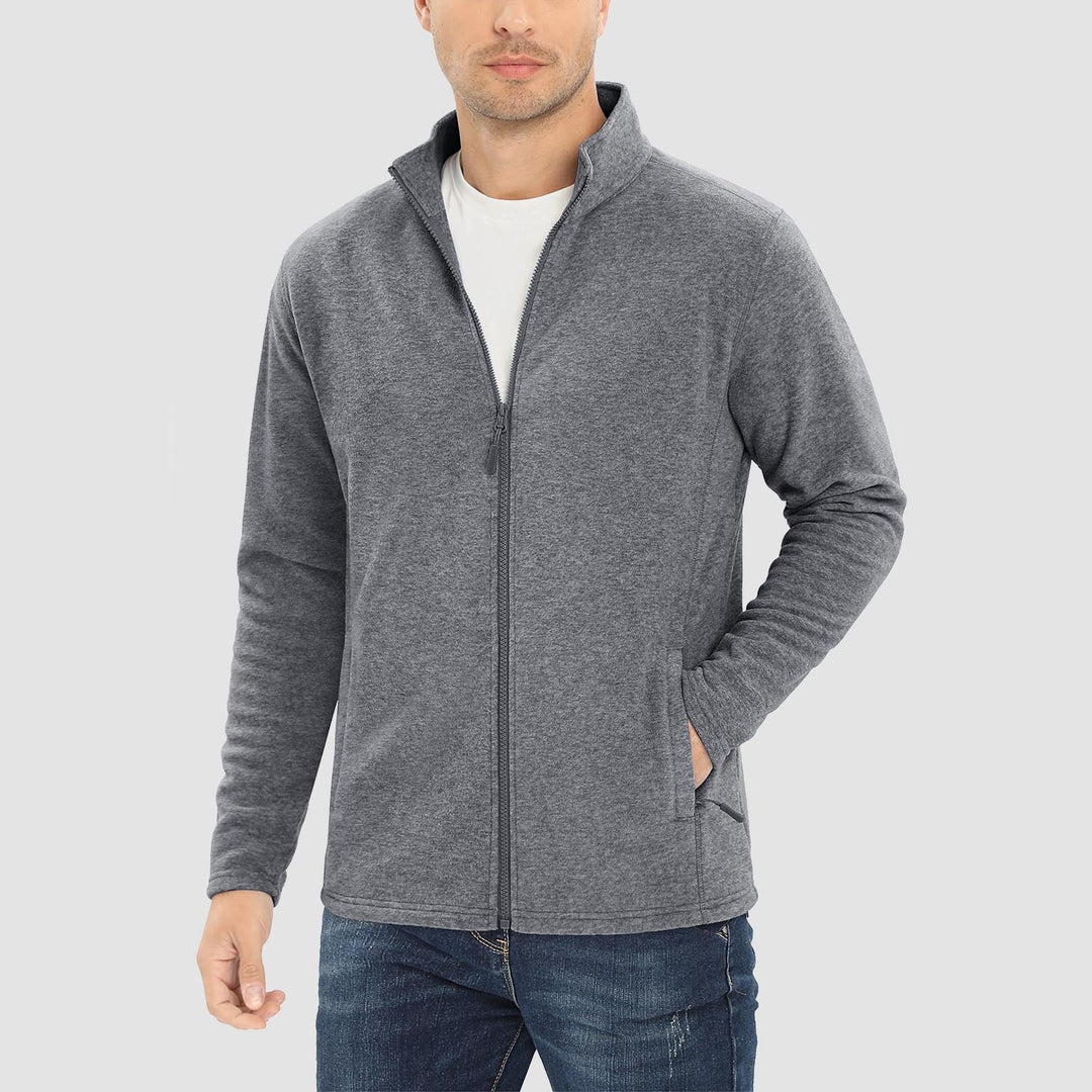 Men's full zip fleece jacket in Dark Gray, worn, front view