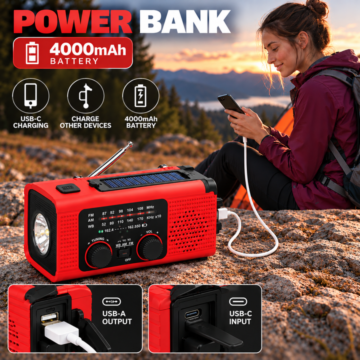 Weather radio 4000 mAh power bank charging a phone from the USB-A output