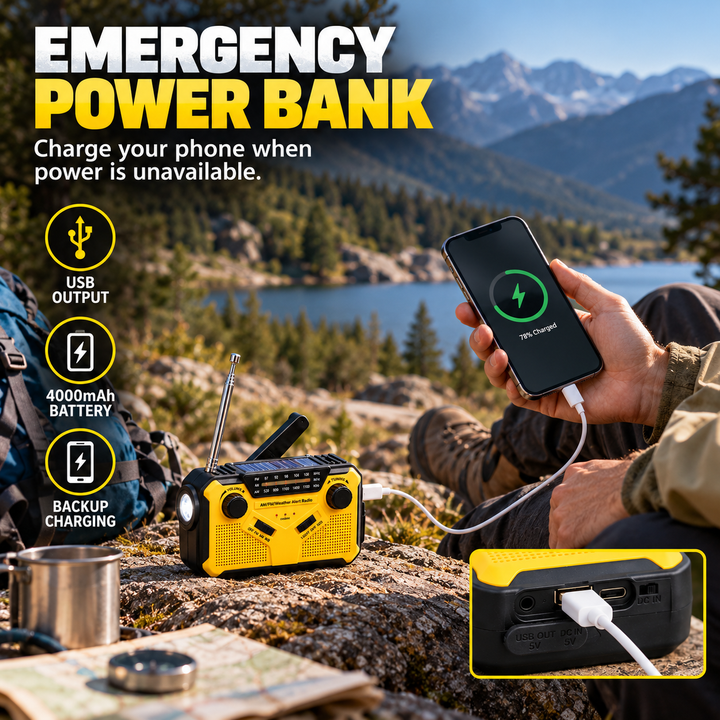 Wind up radio used as a power bank to charge a phone from its 4000 mAh battery