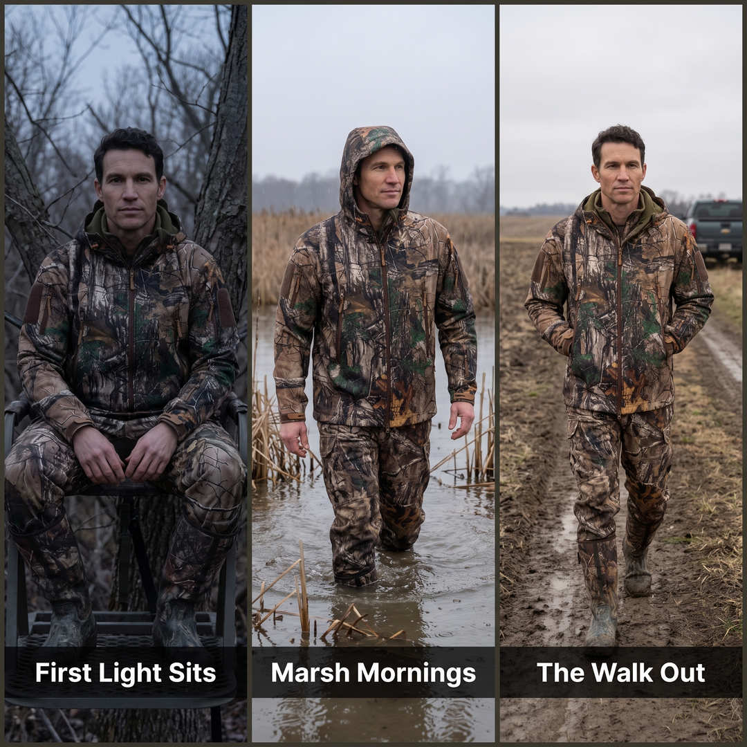 Three use cases for the hunting jacket first light sits marsh mornings and the walk out
