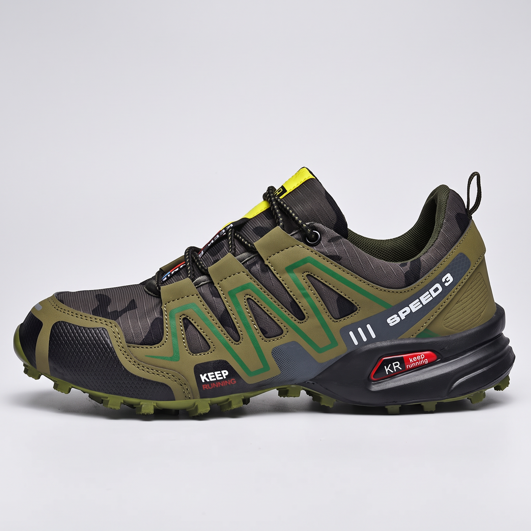 Men's trail running shoes in camo green - Activearo lateral view