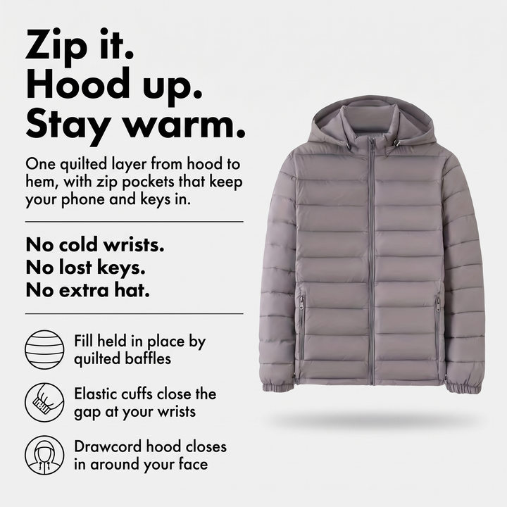 Hooded puffer jacket features: quilted fill, elastic cuffs, drawcord hood