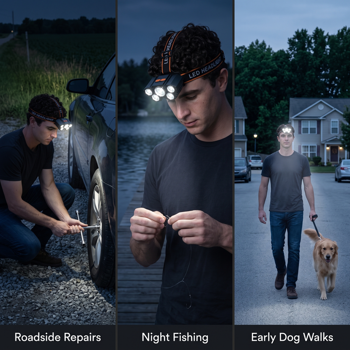 LED headlamp in use for roadside repairs, night fishing and early dog walks
