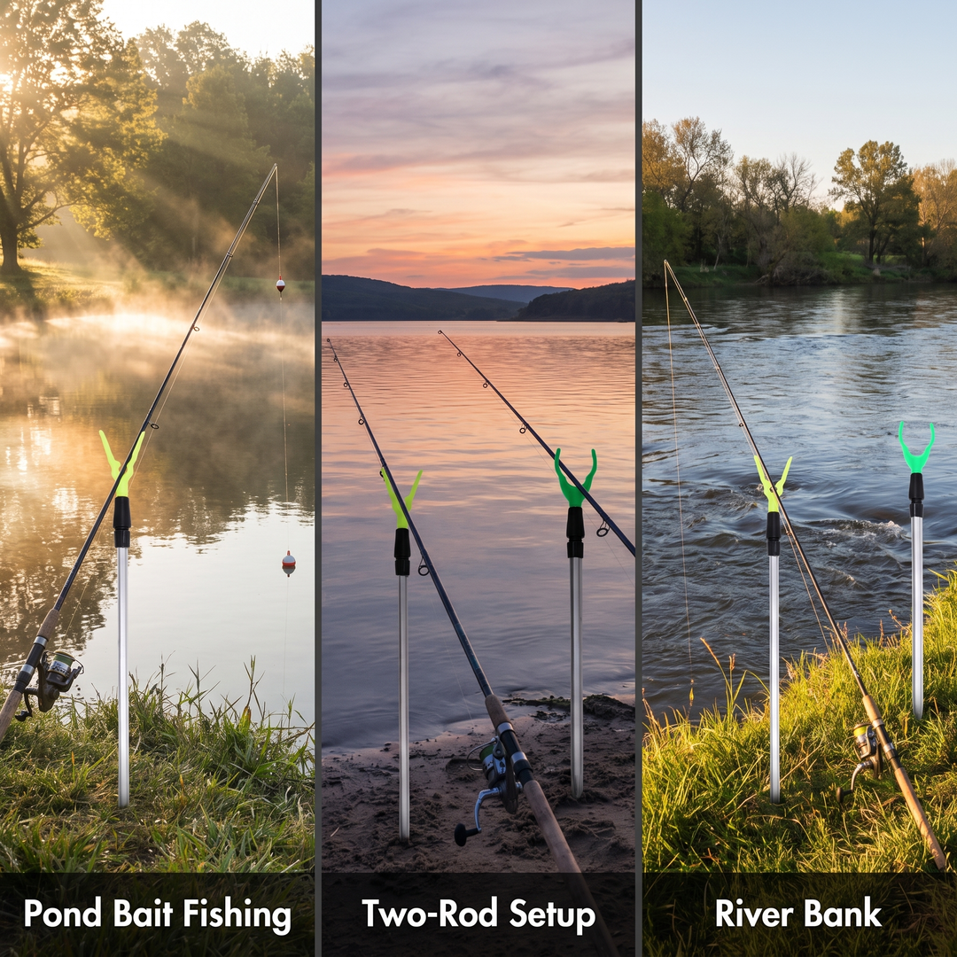 Fishing rod holder at a pond, a two-rod lake setup and a river bank