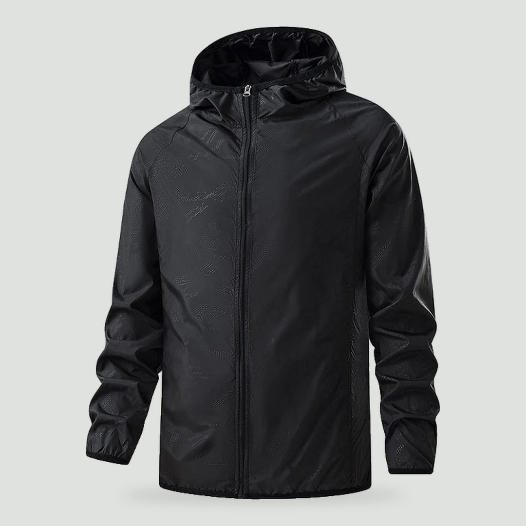 Lightweight rain jacket with hood in Black, front view