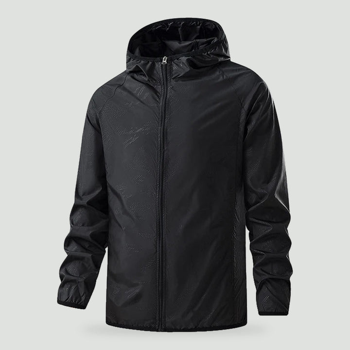 Lightweight rain jacket with hood in Black, front view