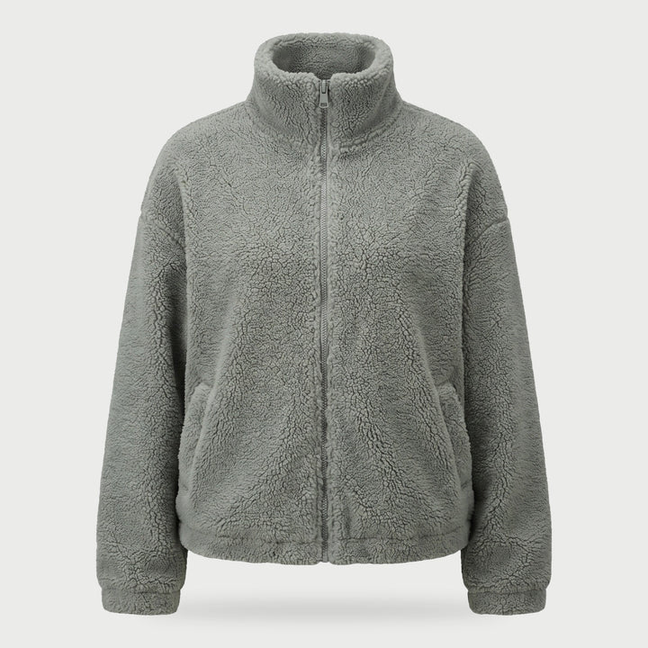Women's sherpa fleece jacket in gray green with high collar and full zip