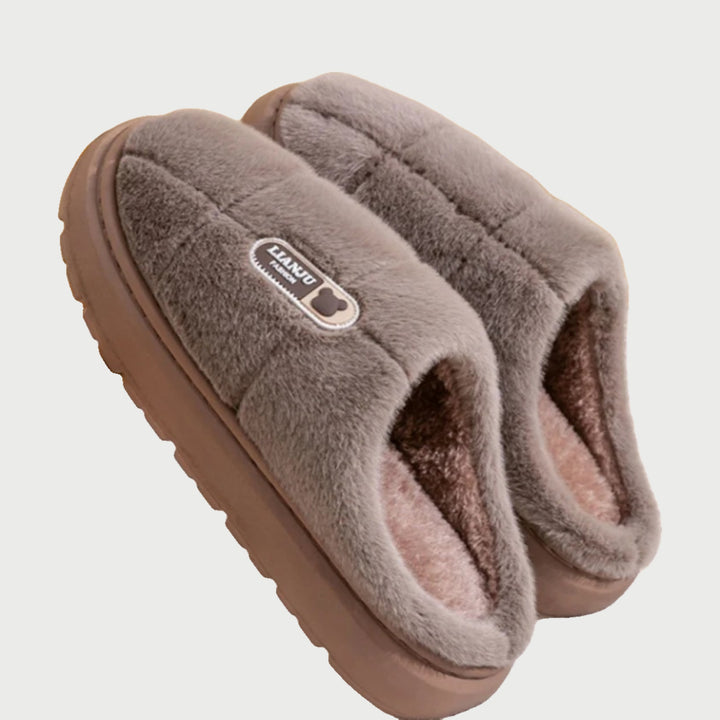 Fuzzy plush platform house slippers in Brown