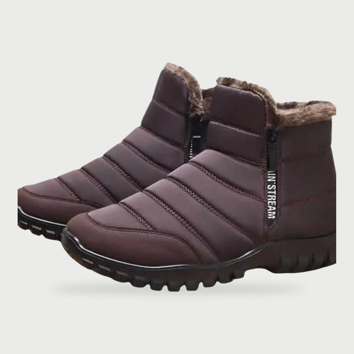 Men's winter boots in brown with faux fur collar and side zip