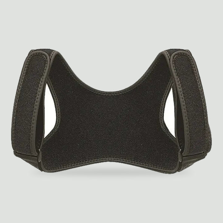 Back and shoulder support brace in Black, laid flat