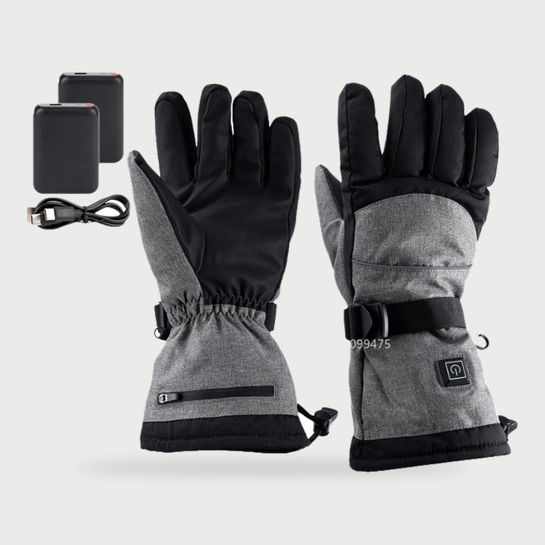 Heated ski gloves in two-tone Gray, shown with USB power banks (not included)
