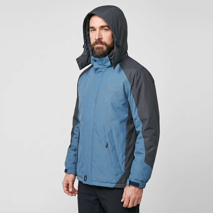 Hooded winter jacket worn with the hood up, three-quarter view