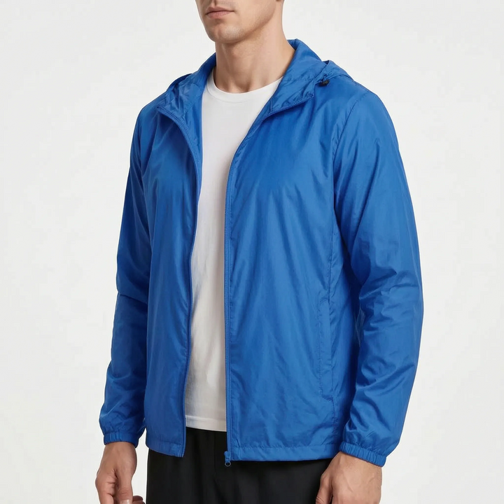 Men's packable jacket in Royal Blue, worn, front view