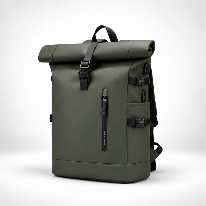 Roll top backpack in Olive Green, three quarter front view