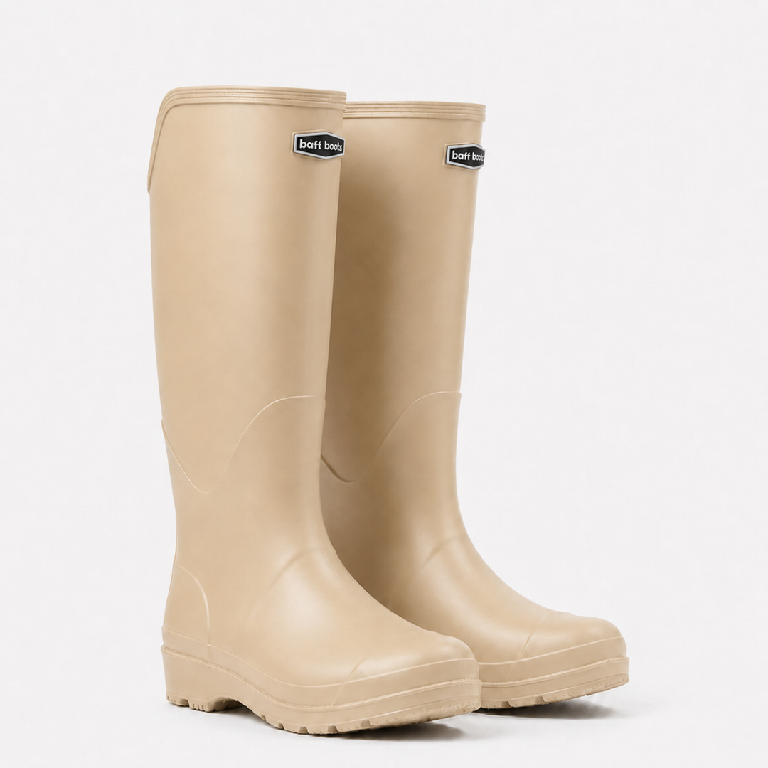 Women's knee high rain boots in Beige, side view