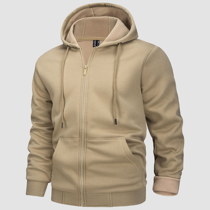 Men's zip up hoodie in Khaki, front view