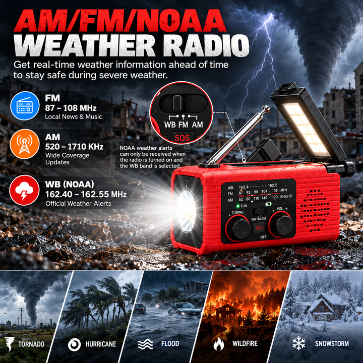 AM FM NOAA weather radio: FM 87 to 108 MHz, AM 520 to 1710 kHz and WB 162.40 to 162.55 MHz