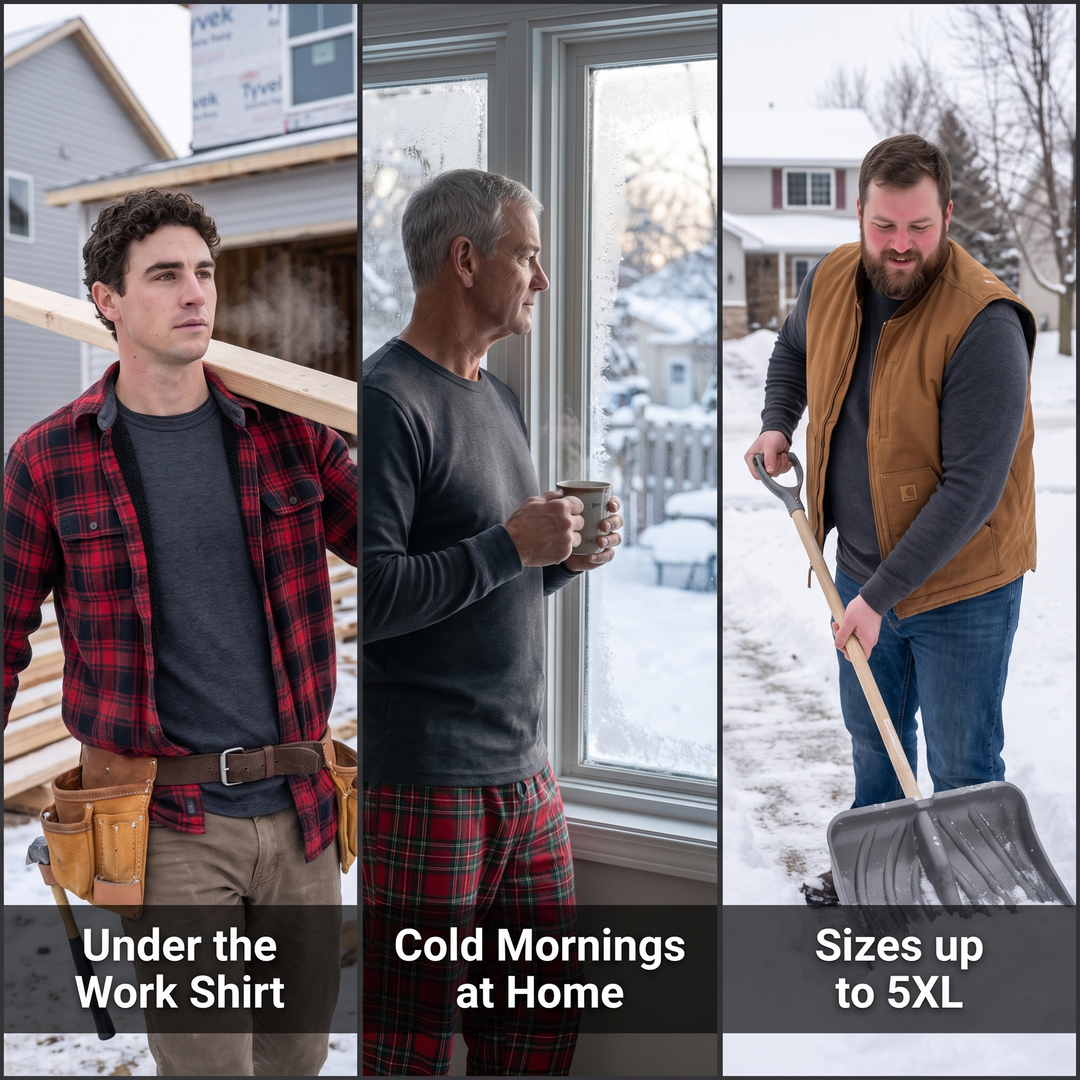 Thermal shirt worn under a work shirt, on cold mornings at home, and in sizes up to 5XL