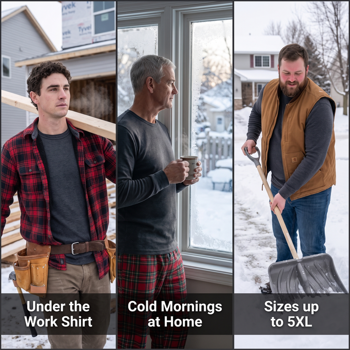 Thermal shirt worn under a work shirt, on cold mornings at home, and in sizes up to 5XL