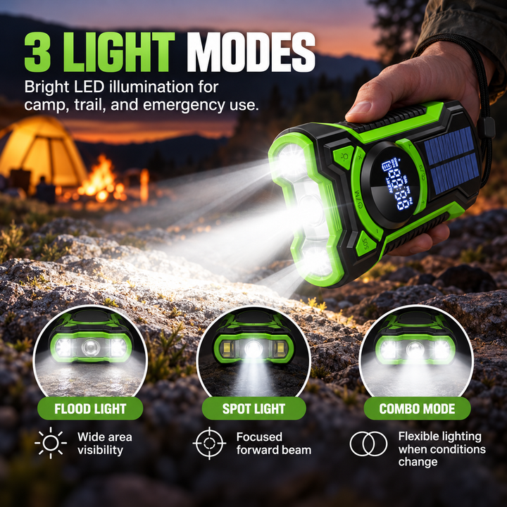 Three light modes on the portable radio: flood light, spot light and combo mode