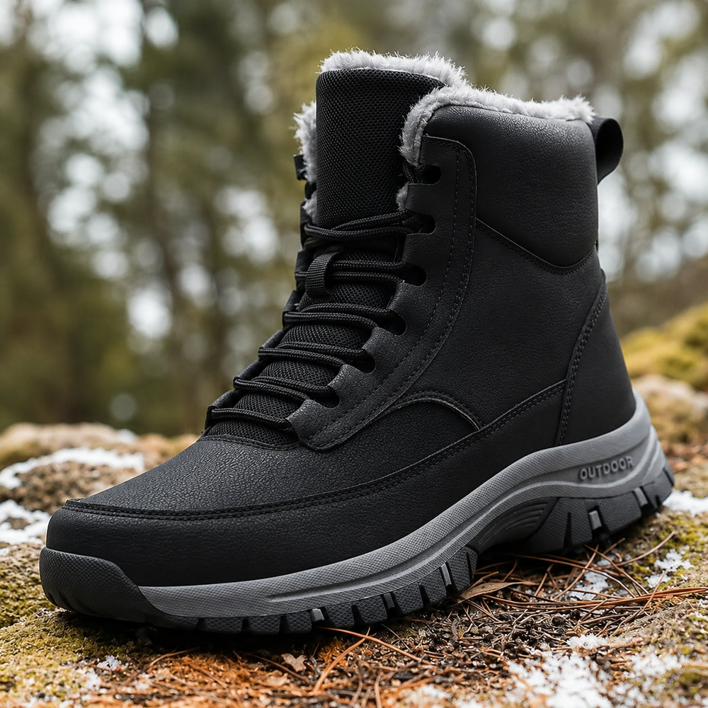 Man wearing the black high top winter boots on a snowy forest trail