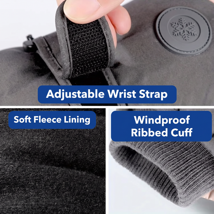 Ski glove details: adjustable wrist strap, soft fleece lining, ribbed cuff