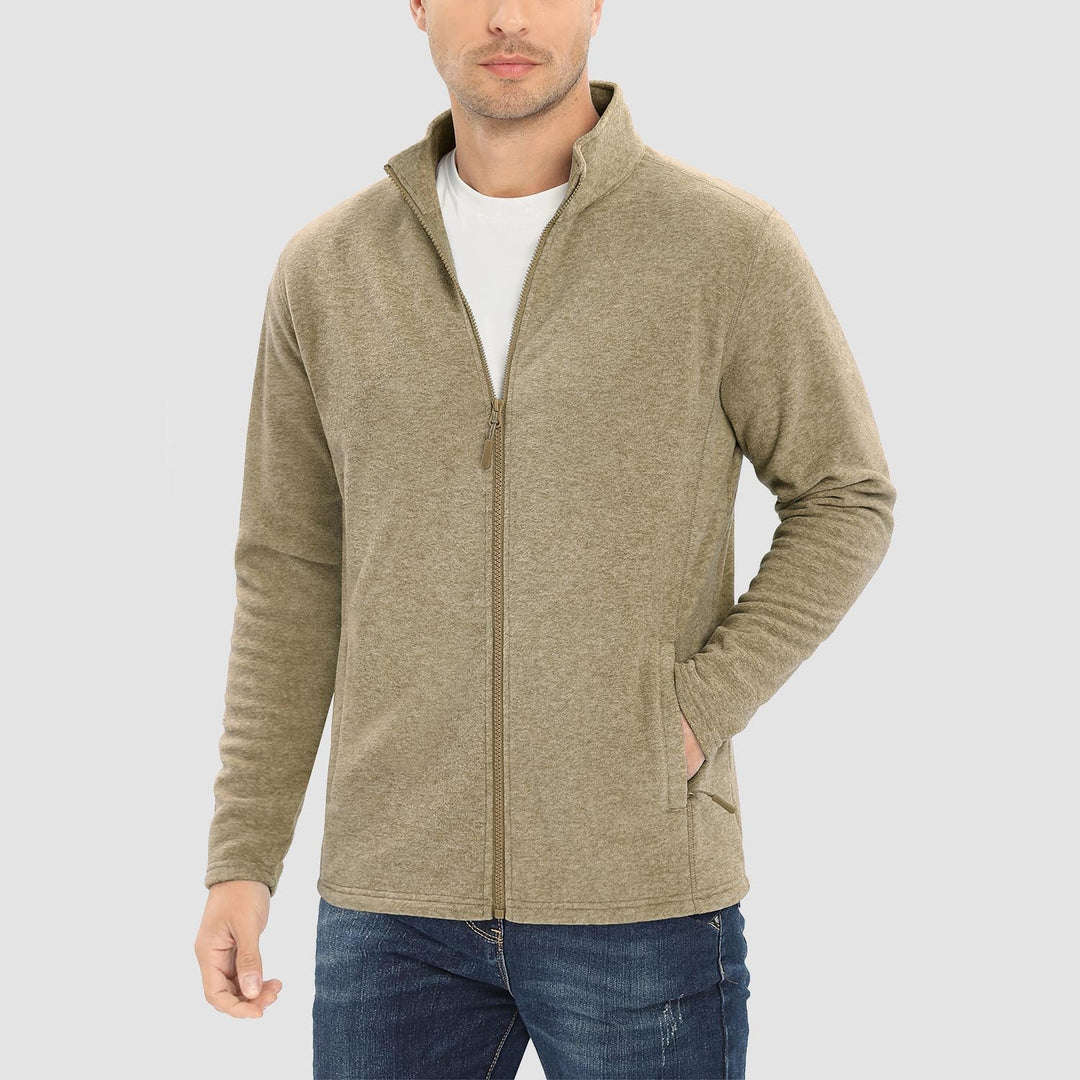 Men's full zip fleece jacket in Light Brown, worn, front view